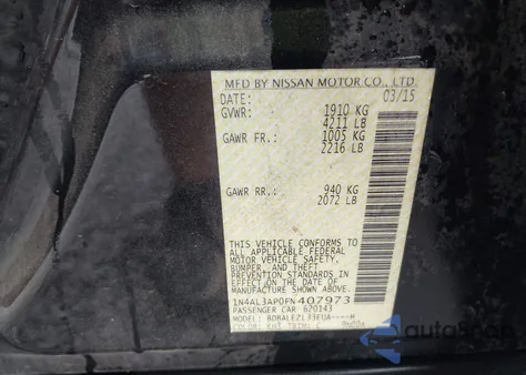 2015 Nissan Altima 2.5 S z USA, uszkodzony, nr VIN 1N4AL3AP0FN407973